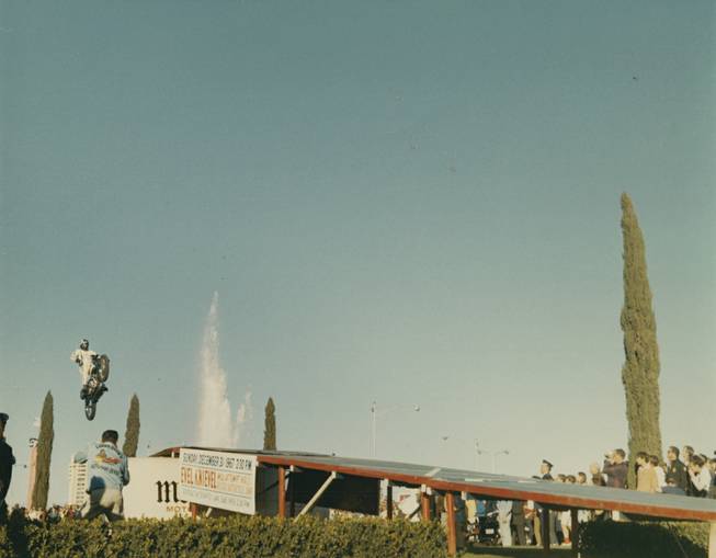 Evel Knievel had to coax Jay Sarno of Caesars to allow him to jump the fountain on December 31, 1967. ABC 'Wide World of Sports' had no initial interest in covering it live. Knievel arranged to have it filmed by John Derek using his own money. John's wife Linda Evans was the actual camerawoman for the shoot. The jump didn't go well after his Triumph cycle seemed to have lost power as he accelerated up the ramp. He landed short, and lost his grip on the handlebars, resulting in a 29-day concussion/coma and multiple broken bones large and small.