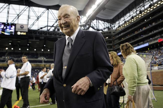 In this Oct. 26, 2008, file photo, Detroit Lions owner and chairman William Clay Ford walks on the sidelines prior to an NFL football game against the Washington Redskins in Detroit. Ford Motor Co. said in a statement Sunday, March 9, 2014, that Ford died of pneumonia at his home. Ford, who helped steer Ford Motor Co. for more than five decades and owned the NFL's Detroit Lions, has died at the age of 88. He was the last surviving grandson of company founder Henry Ford.