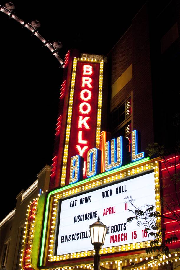 The Brooklyn Bowl marquee at the Linq advertises the Elvis Costello and The Roots concert Sunday, March 16, 2014.