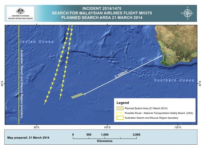 This Friday, March 21, 2014 graphic provided by Australian Maritime Safety Authority (AMSA), shows an area in the southern Indian Ocean that the AMSA is concentrating its search for the missing Malaysia Airlines Flight MH370 on. Planes are flying out of Australia again to search for two objects detected by satellite that may be debris from a missing Malaysian Airlines jetliner.
