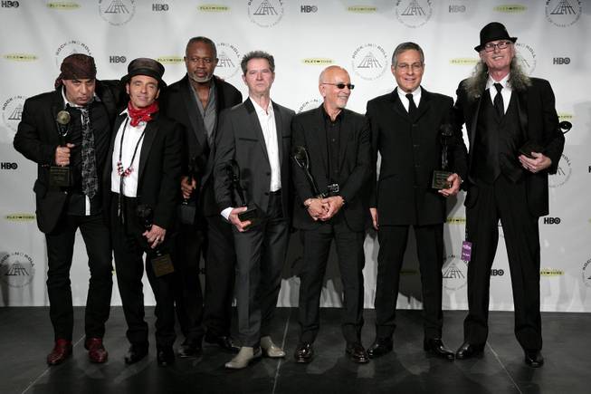 Hall of Fame Inductees, E Street Band, (L - R) Steven Van Zandt, Nils Lofgren, David Sancious, Garry Tallent, Roy Bittan, Max Weinberg, and Vini Lopez appear in the press room at the 2014 Rock and Roll Hall of Fame Induction Ceremony on Thursday, April, 10, 2014 in New York.