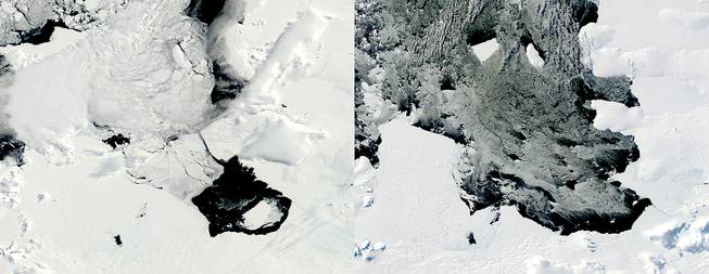 This combination of Dec. 10, 2013, left, and March 11, 2014 photos provided by NASA shows a large iceberg separating from the Pine Island Glacier and traveling across Pine Island Bay in Antarctica. Scientists are watching the iceberg, which is bigger than the island of Guam, as it slowly moves away from the glacier, bottom right in December, upper left center in March.