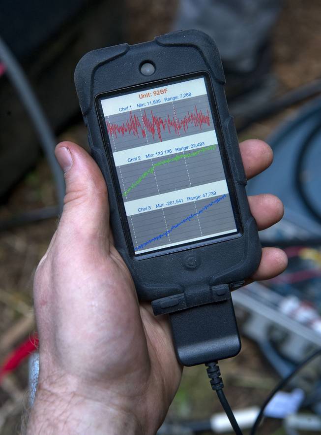 A seismic monitor measures the vertical and horizontal movement of the ground surrounding a prototype "passive seismic" sensor that will be arrayed around Mount St. Helens as part of a battery of multidisciplinary imaging experiments collectively called iMUSH for Imaging Magma Under St. Helens.