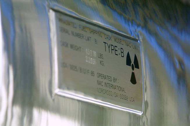This is a NAC-LWT Transportation Cask as it sits on view in its truck during a public open house of the Yucca Mountain Project Saturday, November 3, 2001. This is a cask that has been approved by the Nuclear Regulatory Commission for carrying spent nuclear fuel and waste to Yucca Mountain.