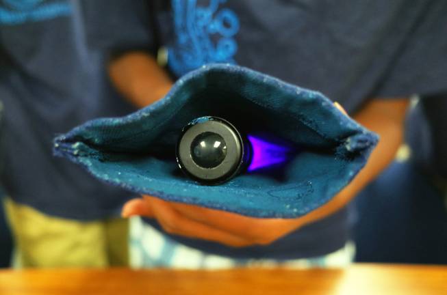 Hyde Park Middle School seventh graders Moulin Patel, 13; Ashish Kalakuntla, 12; Anik Patel, 12; and Vidhu Ramakrishnan, 12; created an invention that neutralizes pollen. The invention, with a UV flashlight, are shown here on Tuesday, June 10, 2014. The students will represent Nevada in the national eCybermission competition on June 20.