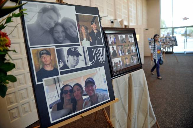 A poster of photographs of Joseph Wilcox is displayed before a memorial service at Palm Downtown Mortuary and Cemetery on Sunday, June 22, 2014. Wilcox, 31, was killed trying to stop Jerad and Amanda Miller in the midst of their shooting spree at an east valley Walmart store on June 8.