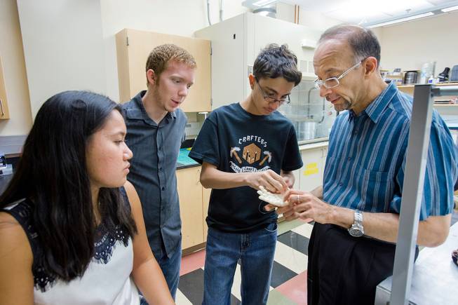 From left, Katherine Lau, a visiting undergraduate student researcher from Rutgers University and a graduate of Palo Verde High School, Zack Cook, an undergraduate Mechanical Engineering student at UNLV, Kahrem Trabia, a high school senior at A-Tech, and Dr. Mohammed Trabia, associate dean for engineering research, discuss the prototype Robohand July 23, 2014 at the University of Nevada, Las Vegas.