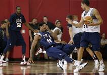 Toronto Raptors' DeMar DeRozan falls to the floor while holding his face after he was hit by Golden State Warriors' Klay Thompson during a USA Basketball minicamp scrimmage Monday, July 28, 2014, in Las Vegas. Toronto Raptors' DeMar DeRozan falls to the floor while holding his face after he was hit by Golden State Warriors' Klay Thompson during a USA Basketball minicamp scrimmage Monday, July 28, 2014, in Las Vegas.