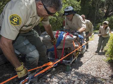 Members of the Los Angeles Sheriff’s Department Search and Rescue team, Mike Leum, left, John McKently, center, and Janet Henderson, right, help to roll a 16-17-million-year-old fossil lodged in a rock weighing about 2,000 pounds up a steep hillside on a customized cart in Rancho Palos Verdes, Calif. on Friday, Aug. 1, 2014.