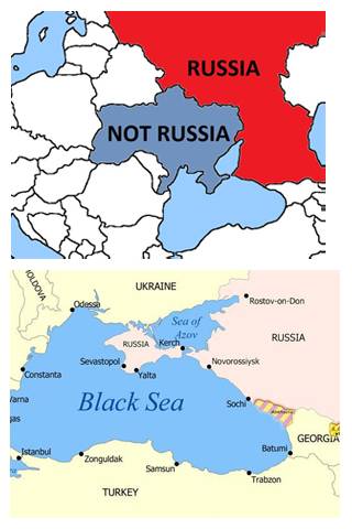 This combination image shows a map tweeted by the Canadian Joint Delegation to NATO on Wednesday, Aug. 27, 2014, top, and a map tweeted in response on Thursday by the Twitter Feed of the Permanent Mission of Russia to NATO, below. The top map went viral, being retweeted more than 25,000 times by late Thursday, including by U.S. U.N. Ambassador Samantha Power. The bottom map shows Crimea as part of Russia, which the country annexed from Ukraine in March.