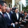 From left, Nevada Gov. Brian Sandoval; Steve Hill, executive director of the Governor's Office of Economic Development; and Telsa Motors CEO Elon Musk answer questions after a news conference at the Capitol in Carson City on Thursday, Sept. 4, 2014. From left, Nevada Gov. Brian Sandoval; Steve Hill, executive director of the Governor's Office of Economic Development; and Telsa Motors CEO Elon Musk answer questions after a news conference at the Capitol in Carson City on Thursday, Sept. 4, 2014.