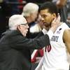San Diego State head coach Steve Fisher gets his message across to San Diego State guard Aqeel Quinn during the second half of an NCAA college basketball game against UNLV Saturday, Jan. 17, 2015, in San Diego. San Diego State won the game 53-47. (AP Photo/Lenny Ignelzi) San Diego State head coach Steve Fisher gets his message across to San Diego State guard Aqeel Quinn during the second half of an NCAA college basketball game against UNLV Saturday, Jan. 17, 2015, in San Diego. San Diego State won the game 53-47. (AP Photo/Lenny Ignelzi)