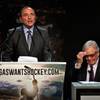 Gary Bettman, commissioner of the National Hockey League (NHL) addresses the crowd as Bill Foley, chairman, Fidelity National Financial, Inc., Black Knight and FIS sweats it out a little during the "Let's Bring Hockey to Las Vegas!" press conference at the MGM Grand Ballroom on Tuesday, Feb. 10, 2015. Gary Bettman, commissioner of the National Hockey League (NHL) addresses the crowd as Bill Foley, chairman, Fidelity National Financial, Inc., Black Knight and FIS sweats it out a little during the "Let's Bring Hockey to Las Vegas!" press conference at the MGM Grand Ballroom on Tuesday, Feb. 10, 2015.