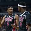 UNLV forward Christian Wood (5) confers with UNLV forward Goodluck Okonoboh (11) as they battle Boise State on Wednesday, February, 18. 2015. L.E. Baskow UNLV forward Christian Wood (5) confers with UNLV forward Goodluck Okonoboh (11) as they battle Boise State on Wednesday, February, 18. 2015. L.E. Baskow