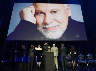 Rene-Charles Angelil, Celine Dion, Patrick Angelil, Andre Angelil, Jean-Pierre Angelil and Anne-Marie Angelil attend the “Celebration of Life” for Rene Angelil, the husband and manager of Dion, at the Colosseum on Wednesday, Feb. 3, 2016, at Caesars Palace.