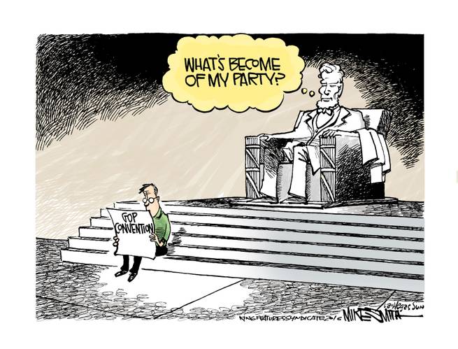 Image of man on steps of Lincoln Memorial reading news about the Republican Convention as statue of Lincoln things, 