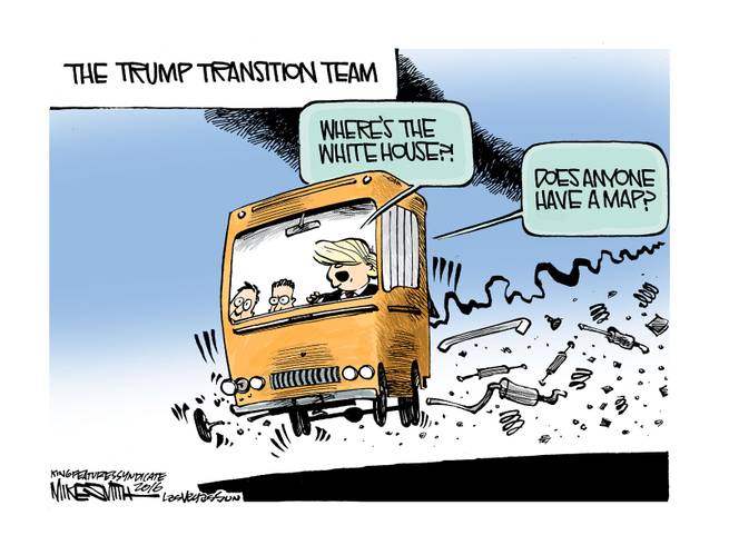Title:  The Trump Transition Team.  Image:  Trump driving rickety bus while saying, 