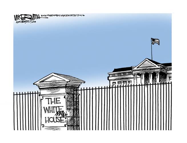White House behind a wall with rewritten sign;:  
