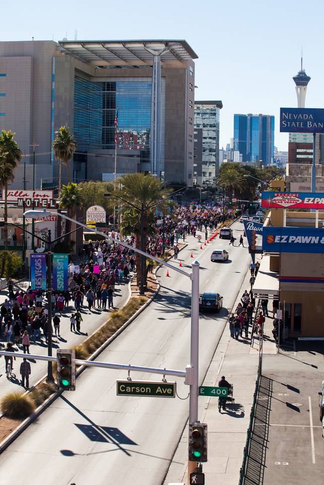 Protesters gathered in downtown Las Vegas on Saturday, Jan. 21, 2017, in support of the Women's March on Washington for the Women's March in Las Vegas. Nevada Congresswomen Dina Titus and Congressman Ruben Kihuen were among some of the speakers to address the crowd as they gathered at Lloyd D. George U.S. Courthouse.