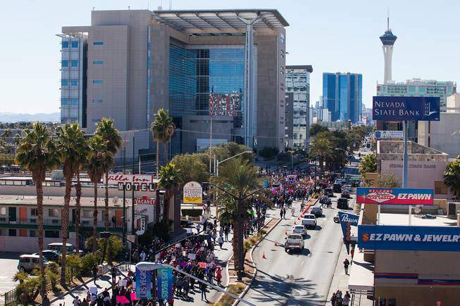 Protesters gathered in downtown Las Vegas on Saturday, Jan. 21, 2017, in support of the Women's March on Washington for the Women's March in Las Vegas. Nevada Congresswomen Dina Titus and Congressman Ruben Kihuen were among some of the speakers to address the crowd as they gathered at Lloyd D. George U.S. Courthouse.