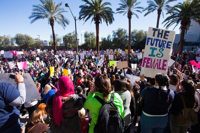 Protesters gathered in downtown Las Vegas on Saturday, Jan. 21, 2017, in support of the Women's March on Washington for the Women's March in Las Vegas. Nevada Congresswomen Dina Titus and Congressman Ruben Kihuen were among some of the speakers to address the crowd as they gathered at Lloyd D. George U.S. Courthouse.