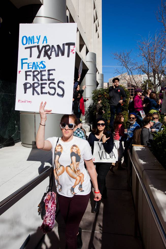 Protesters gathered in downtown Las Vegas on Saturday, Jan. 21, 2017, in support of the Women's March on Washington for the Women's March in Las Vegas. Nevada Congresswomen Dina Titus and Congressman Ruben Kihuen were among some of the speakers to address the crowd as they gathered at Lloyd D. George U.S. Courthouse.