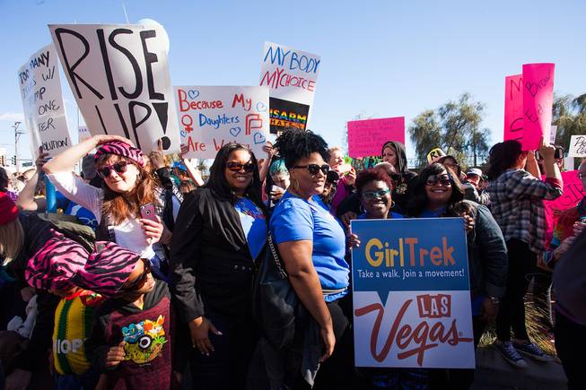 Protesters gathered in downtown Las Vegas on Saturday, Jan. 21, 2017, in support of the Women's March on Washington for the Women's March in Las Vegas. Nevada Congresswomen Dina Titus and Congressman Ruben Kihuen were among some of the speakers to address the crowd as they gathered at Lloyd D. George U.S. Courthouse.