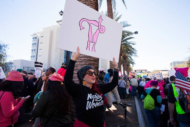 Protesters gathered in downtown Las Vegas on Saturday, Jan. 21, 2017, in support of the Women's March on Washington for the Women's March in Las Vegas. Nevada Congresswomen Dina Titus and Congressman Ruben Kihuen were among some of the speakers to address the crowd as they gathered at Lloyd D. George U.S. Courthouse.