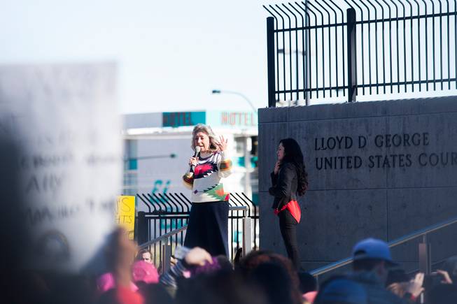 Protesters gathered in downtown Las Vegas on Saturday, Jan. 21, 2017, in support of the Women's March on Washington for the Women's March in Las Vegas. Nevada Congresswomen Dina Titus and Congressman Ruben Kihuen were among some of the speakers to address the crowd as they gathered at Lloyd D. George U.S. Courthouse.