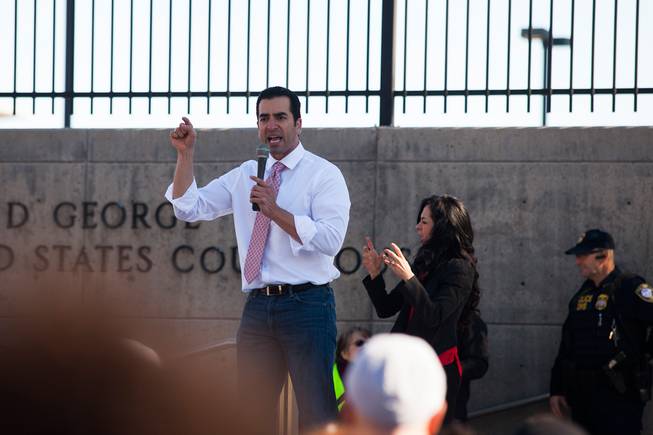 Protesters gathered in downtown Las Vegas on Saturday, Jan. 21, 2017, in support of the Women's March on Washington for the Women's March in Las Vegas. Nevada Congresswomen Dina Titus and Congressman Ruben Kihuen were among some of the speakers to address the crowd as they gathered at Lloyd D. George U.S. Courthouse.