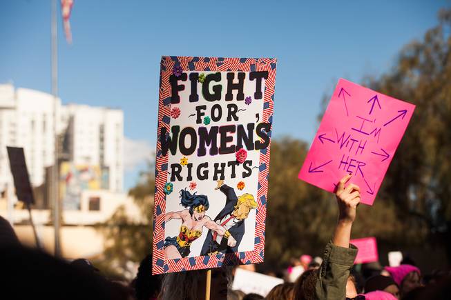Protesters gathered in downtown Las Vegas on Saturday, Jan. 21, 2017, in support of the Women's March on Washington for the Women's March in Las Vegas. Nevada Congresswomen Dina Titus and Congressman Ruben Kihuen were among some of the speakers to address the crowd as they gathered at Lloyd D. George U.S. Courthouse.