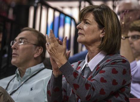 UNLV athletic director Tina Kunzer-Murphy cheers the team on versus San Jose State during their game at the Thomas & Mack Center on Saturday, Feb. 11, 2017.