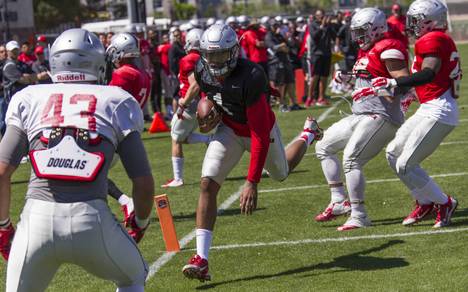 UNLV quarterback Armani Rogers (1) crosses into the end zone for a touchdown on April 1, 2017, during UNLVs spring showcase scrimmage game. Photo by Richard Brian.