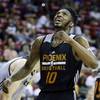 The Phoenix Suns' Derrick Jones Jr. reacts during an NBA summer league game against the Sacramento Kings, Friday, July 7, 2017, in Las Vegas. The Phoenix Suns' Derrick Jones Jr. reacts during an NBA summer league game against the Sacramento Kings, Friday, July 7, 2017, in Las Vegas.