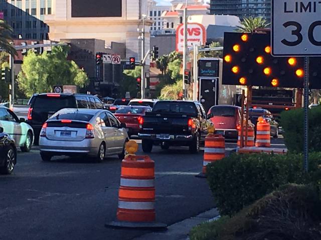 Traffic backs up near a repair project Thursday, Aug. 17, 2017, on northbound Las Vegas Boulevard north of Tropicana Avenue. In comments sent to Clark County planners and shared with the Las Vegas Sun, several local residents said a proposed elevated expressway serving McCarran International Airport would do nothing to relieve congestion on the Strip.