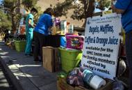 HealthCare Partners mans a free food and drink relief station for UMC team personnel and victim's families outside UMC following a mass shooting on Sunday night across from the Mandalay Bay on Tuesday, October 3, 2017. .