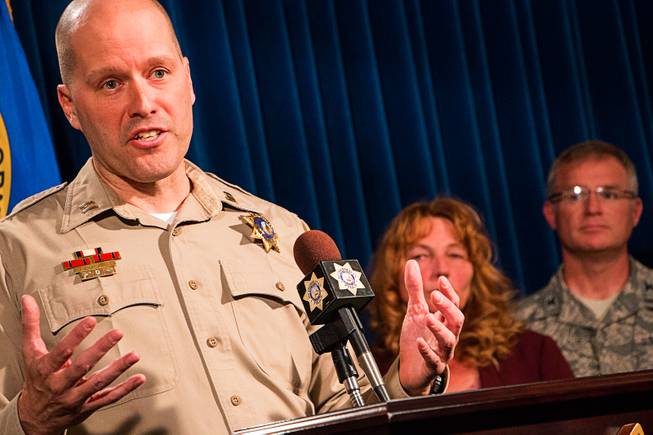 Metro Police Capt. James LaRochelle, left, on Thursday, Nov. 16, 2017, presents the ShotSpotter technology that has been implemented in the Las Vegas Valley as part of a one-year pilot program that uses sensors to triangulate the source of gunfire. At right are Clark County Commissioner Marilyn Kirkpatrick and Nellis Air Force Base Commander Col. Paul Murray.