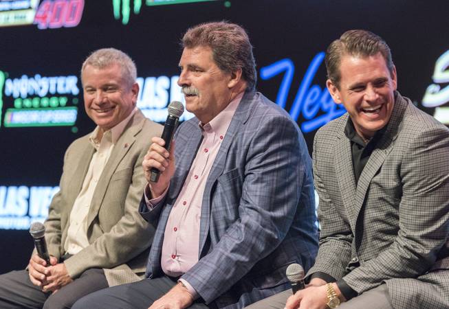 Mike Helton, center, vice chairman of NASCAR, speaks as the South Point Hotel, Casino and Spa is named title sponsor of the September Monster Energy NASCAR Cup Series race at Las Vegas Motor Speedway in a press conference at the South Point Hotel-Casino on Thursday, Nov. 30, 2017. Chris Powell, left, president of Las Vegas Motor Speedway, and Ryan Growney, South Point general manager, listen in. The multi-year agreement will make the South Point Hotel-Casino the title sponsor of the South Point 400 beginning in 2018. The 267-lap race is set for Sept. 16 and will be the first in the 2018 Cup playoffs.