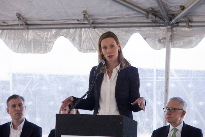 Kathryn Arbeit, VP of Project Development Americas, First Solar speaks during a ceremony to celebrate the commissioning of the 179 megawatt Switch Station 1 and 2 Solar Projects, Monday, Dec. 11, 2017. This is the first-ever project to be built in one of the Bureau of Land Management's Solar Energy Zones.