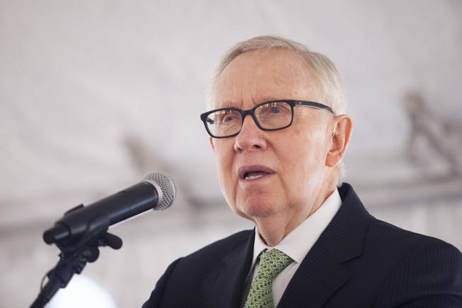 Former U.S. Senator Harry Reid speaks to the crowd during a ceremony to celebrate the commissioning of the 179 megawatt Switch Station 1 and 2 Solar Projects, Monday, Dec. 11, 2017. This is the first-ever project to be built in one of the Bureau of Land Management's Solar Energy Zones.