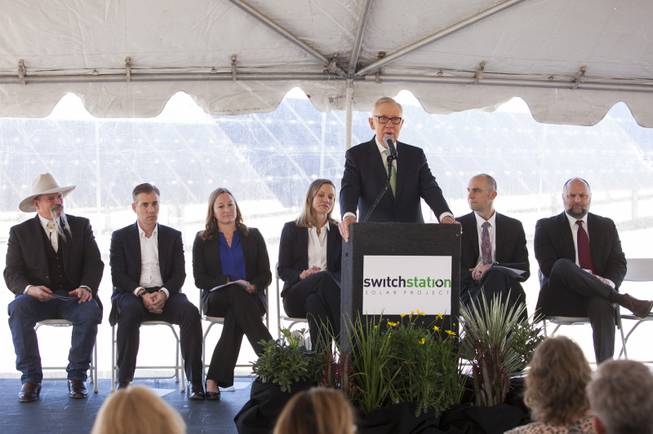 Former U.S. Senator Harry Reid speaks to the crowd during a ceremony to celebrate the commissioning of the 179 megawatt Switch Station 1 and 2 Solar Projects, Monday, Dec. 11, 2017. This is the first-ever project to be built in one of the Bureau of Land Management's Solar Energy Zones.