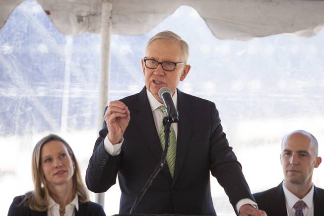 Former U.S. Senator Harry Reid speaks to the crowd during a ceremony to celebrate the commissioning of the 179 megawatt Switch Station 1 and 2 Solar Projects, Monday, Nov. 11, 2017. This is the first-ever project to be built in one of the Bureau of Land Management's Solar Energy Zones.