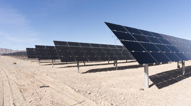 An array of solar panels from the Switch Station is seen during a ceremony to celebrate the commissioning of the 179 megawatt Switch Station 1 and 2 Solar Projects, Monday, Dec. 11, 2017. This is the first-ever project to be built in one of the Bureau of Land Management's Solar Energy Zones.