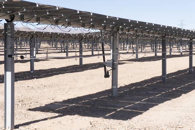 The solar panels at the Switch solar plant face straighter at high noon during a ceremony to celebrate the commissioning of the 179 megawatt Switch Station 1 and 2 Solar Projects, Monday, Dec. 11, 2017. This is the first-ever project to be built in one of the Bureau of Land Management's Solar Energy Zones.