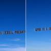 A screen grab from a tweeted image shows an apparent aerial banner that reads, "Wynn is a sexual predator." A screen grab from a tweeted image shows an apparent aerial banner that reads, "Wynn is a sexual predator."