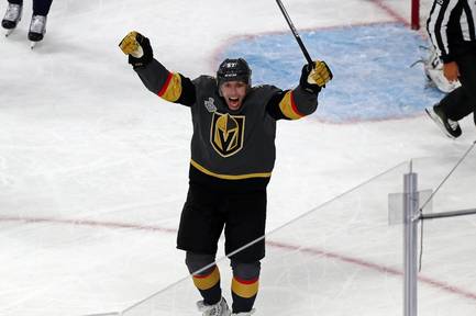 Vegas Golden Knights left wing David Perron (57) celebrates after scoring during Game 5 of the NHL Stanley Cup Final at T-Mobile Arena Thursday, June 7, 2018.