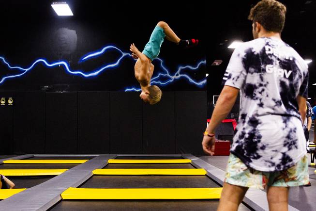 Instagrammer Nidal Ajib, 7, (@nee.dal) backflips during the second annual FlipCon event sponsored by Circus Trix at their park Gravady in Las Vegas, Monday, 23, 2018. FlipCon invites influencers from all over the U.S. to participate in SuperTramp activities to produce content for their fan base and to network with fellow influencers.