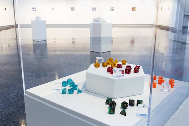 Polyhedral dice used as guides by artist Jerry Misko for his painting exhibit