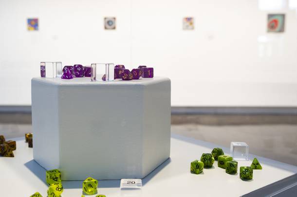 Polyhedral dice used as guides by artist Jerry Misko for his painting exhibit