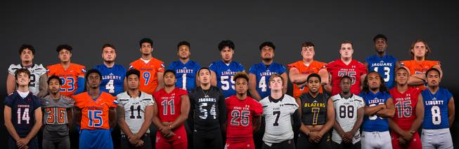 The Las Vegas Sun's preseason all-city high school football team for the 2018-19 season. They include, top row, Hunter Kaupiko, Amod Cianelli, Kyle Beaudry, Falcon Kaumatule, Cervontes White, Troy Fautanu, Luke Toomalatai, Cade Briggs, Matt Smith, Darnell Washington and Beau Taylor. Bottom row, Gavin Wale, Amorey Foster, Kyu Kelly, Ma'a Gaoteote, JJ Tuinei, Gabriel Lopez, Kyle Graham, Sagan Gronauer, TK Fotu, David "DJ" Heckard, Zyrus Fiaseu, Billy Davis and Austin Fiaseu.